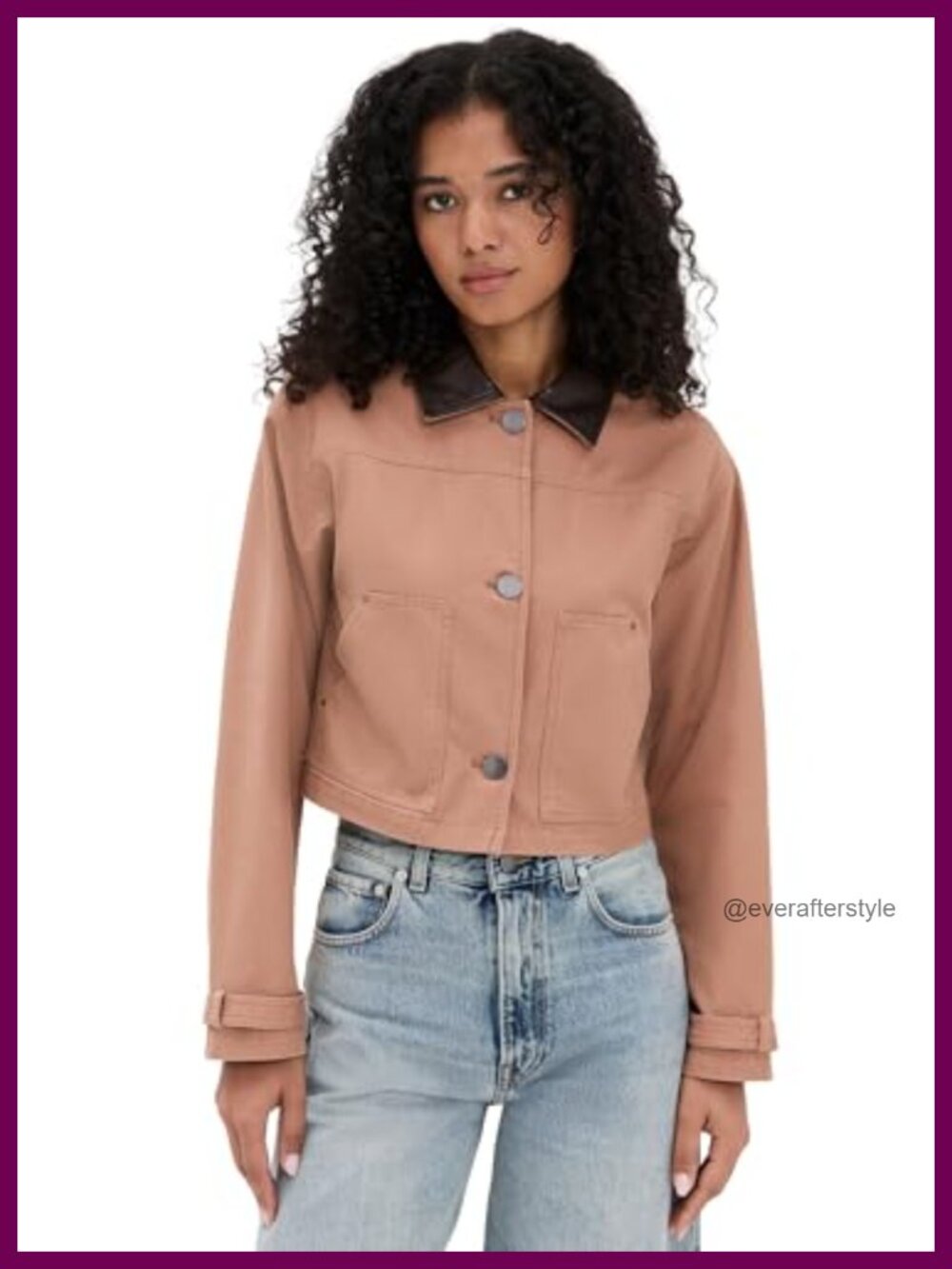 Cropped Canvas Jacket Faux Leather Trim Button Placket Collared